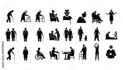 Collection of black silhouette icons depicting elderly people and their activities