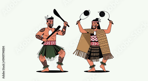 Two figures in traditional attire, one holding wooden clubs, the other poi balls