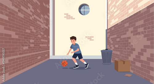 Young boy dribbling a basketball in a brick alleyway