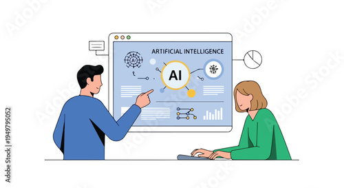 Two people interact with a screen displaying artificial intelligence concepts and data