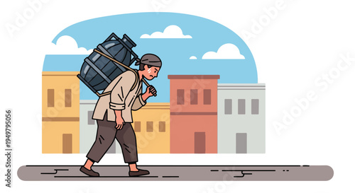 A sweating man carries a large water container on his back through a city street