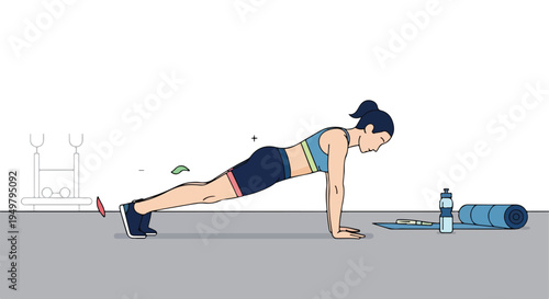 A woman performs a plank exercise, with a water bottle and rolled mat nearby