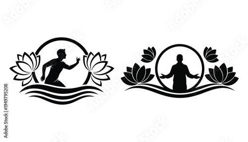 Black and white silhouette designs featuring figures with lotus flowers and water