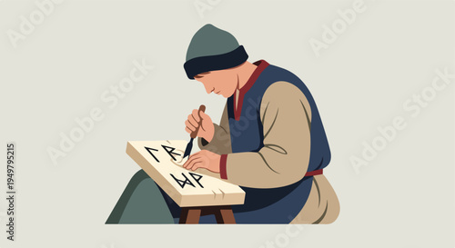 Man carving runes into a wooden plaque with a chisel