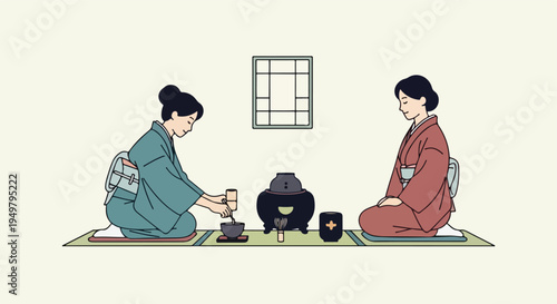 Two people in traditional Japanese attire participate in a tea ceremony