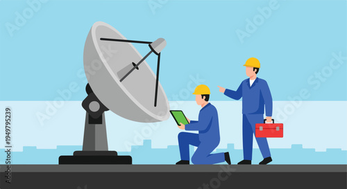 Two technicians work on a large satellite dish with a tablet and toolbox