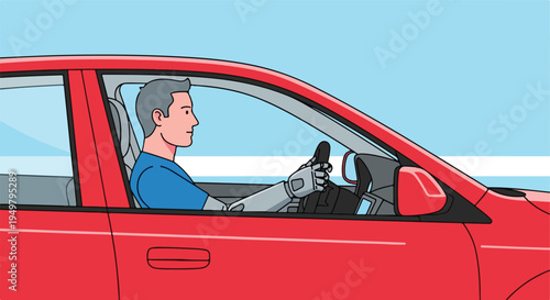 Man with prosthetic arm drives a red car, turning the steering wheel