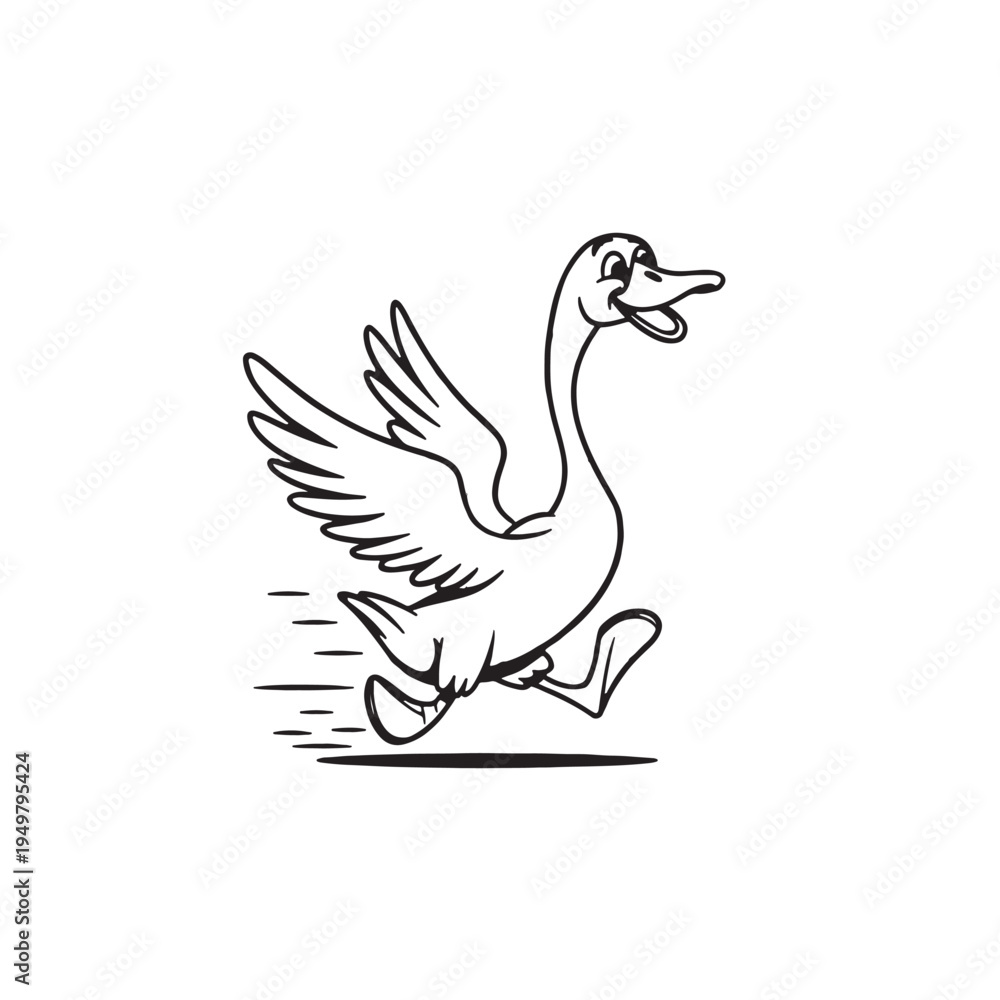 Obraz premium Goose Cartoon: a playful illustration of a goose in full stride, capturing its energy and playful attitude in a charming black and white style.