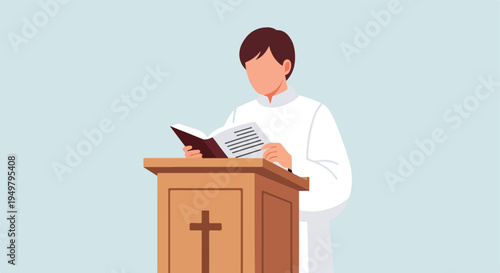 Clergy member in white robe reads from a book at a wooden pulpit with a cross