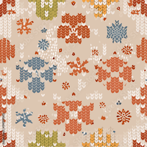 Vibrant seamless knitted texture pattern featuring an array of colorful snowflakes and abstract shapes, evoking a cozy winter sweater feel with detailed yarn threads and a warm, festive aesthetic
