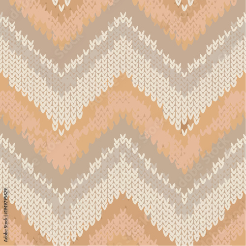 Seamless bohemian knitted fabric texture with a cozy, handcrafted feel, showcasing a chevron zigzag pattern in soft earthy tones, ideal for textile backgrounds and yarn-inspired designs