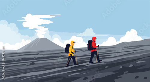 Two trekkers in colorful jackets ascend a rocky, barren mountain landscape under a cloudy sky