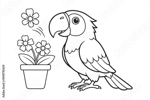 A black and white illustration of a parrot smelling flowers in a pot