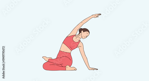Woman in pink activewear performs a yoga side bend pose on a light blue background