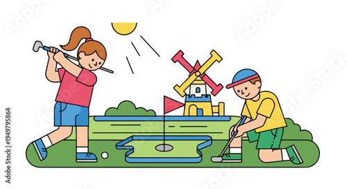 Two children playing mini-golf with a windmill in the background on a sunny day