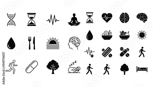 Collection of black icons representing health wellness and various life aspects