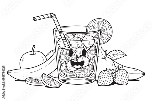 A cartoon glass of refreshing fruit juice with a smiling face and straw