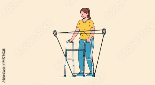 Person in yellow shirt and blue pants using resistance band and walker