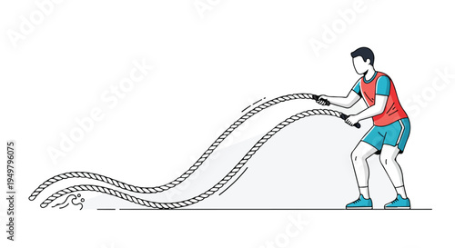 Athletic man exercising with battle ropes, creating wavy patterns