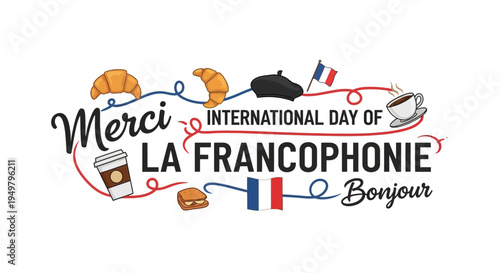 Vector illustration design celebrating International Day of La Francophonie with Merci Bonjour text and French culture symbols on white background.