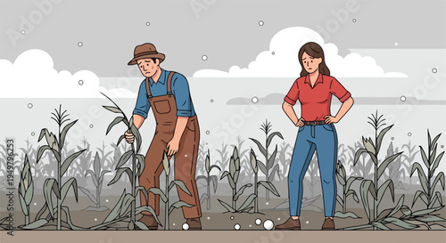 Farmers look dejected in a dying cornfield under a gray, snowy sky