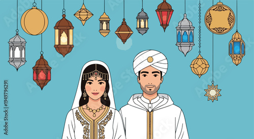 A couple in traditional attire stands beneath a variety of hanging decorative lanterns