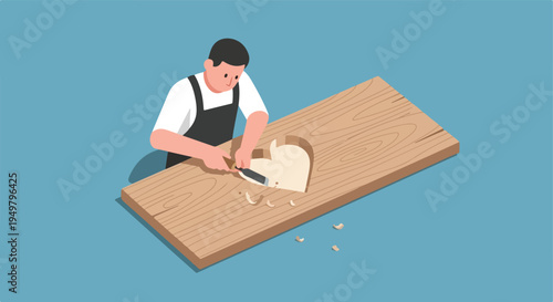 A craftsman carves a heart shape into a wooden board with a chisel