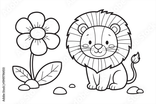 A lion sitting next to a flower in a simple line drawing