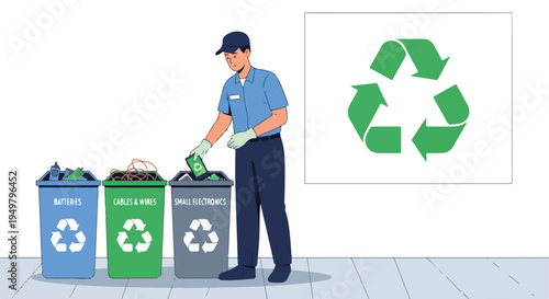 A worker sorts electronic waste into designated bins, symbolizing recycling efforts