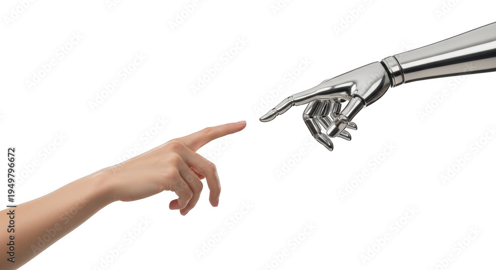 Obraz premium Human Finger Reaching Robotic Hand on Transparent Background
