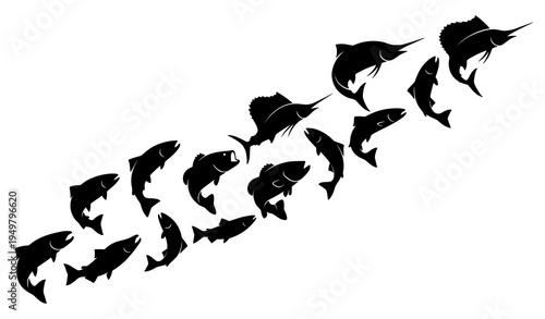 Dynamic jumping fish silhouettes black and white fishing vector icon pack