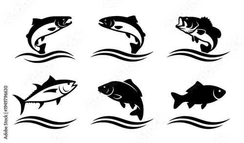 Jumping fish silhouette icon set black and white fishing vector collection