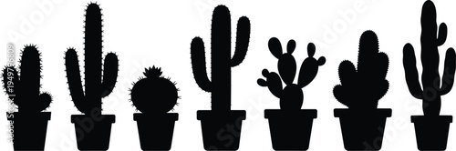 Black cactus silhouettes in pots, six variations showing botanical diversity, desert plant forms, spiky textures and decorative garden design