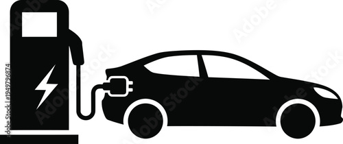 Electric vehicle charging station with silhouette car receiving power on white background