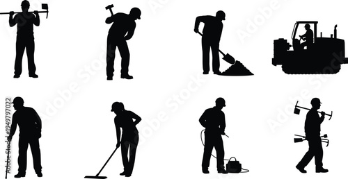 Construction and maintenance worker silhouettes set, builders with shovel hammer tools excavator and cleaning equipment, industrial labor service team vector illustration
