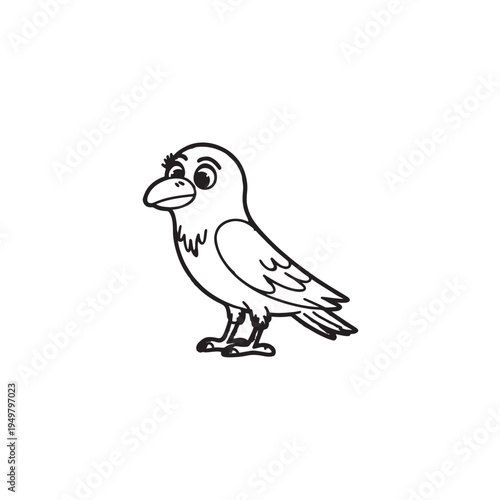 Whimsical Cartoon Crow: A friendly cartoon crow stands in a simple pose, drawn with playful lines and captivating the childlike imagination. 