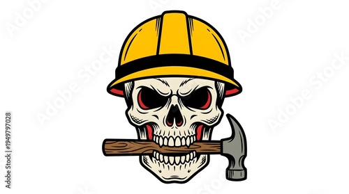 Wallpaper Mural Skull construction worker mascot wearing yellow hard hat and holding hammer in teeth, builder skeleton illustration isolated on white background
 Torontodigital.ca