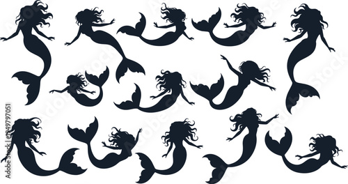 Black mermaid silhouettes in artistic poses, thirteen variations showing mythical aquatic figures, flowing hair, graceful tails and fantasy ocean design