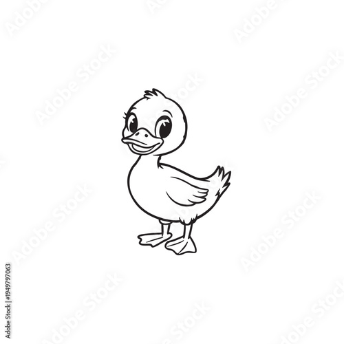Quirky Duckling Illustration: An adorable outline of a cartoon duckling, filled with simple lines, poised in a cheerful stance