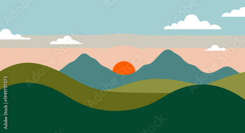 Vibrant Sunset Over Rolling Hills and Mountains, Abstract Landscape Illustration