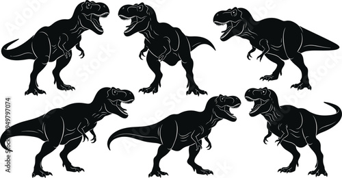 Black Tyrannosaurus rex dinosaur silhouettes in six poses, variations showing prehistoric anatomy, roaring stance, walking motion and detailed Jurassic design