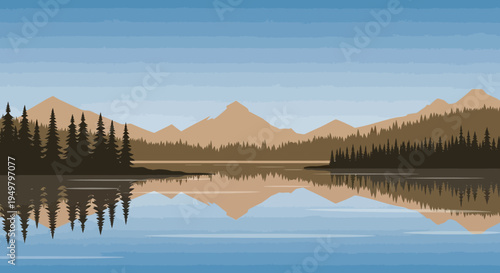 Calm Lake Reflection, Mountain Landscape, Forest Trees, Nature Scenery