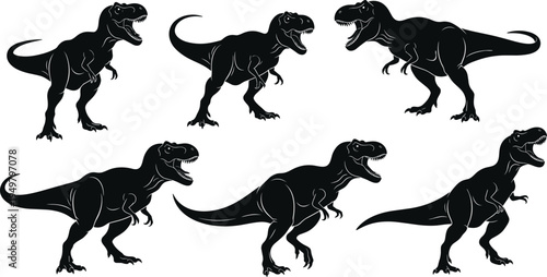 Black Tyrannosaurus rex dinosaur silhouettes in six poses, variations showing prehistoric anatomy, roaring stance, walking motion and Jurassic creature design