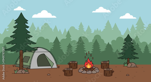 Camping scene with tent, campfire, logs, and forest background