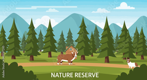 Deer and Dog in Nature Reserve with Mountains and Forest Landscape