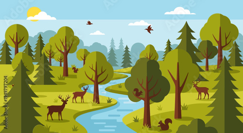 Flat Design Forest Landscape with Deer, Squirrels, Birds and River