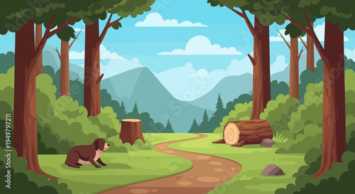 Dog exploring a forest path with mountains and trees in the background