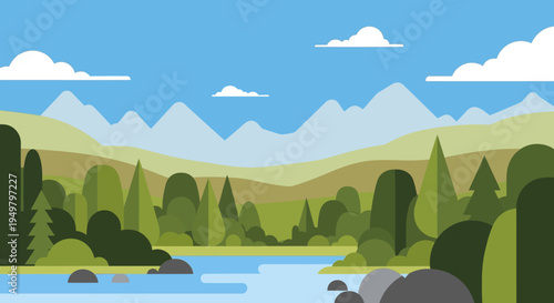Flat Design Landscape with Mountains, Lake, and Forest