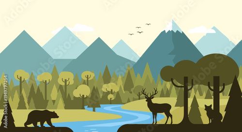 Flat Design Forest Landscape with Wildlife Animals, Mountains and River