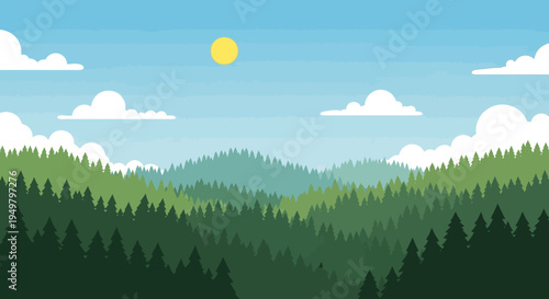 Flat Design Mountain Landscape with Evergreen Forest and Sunny Sky
